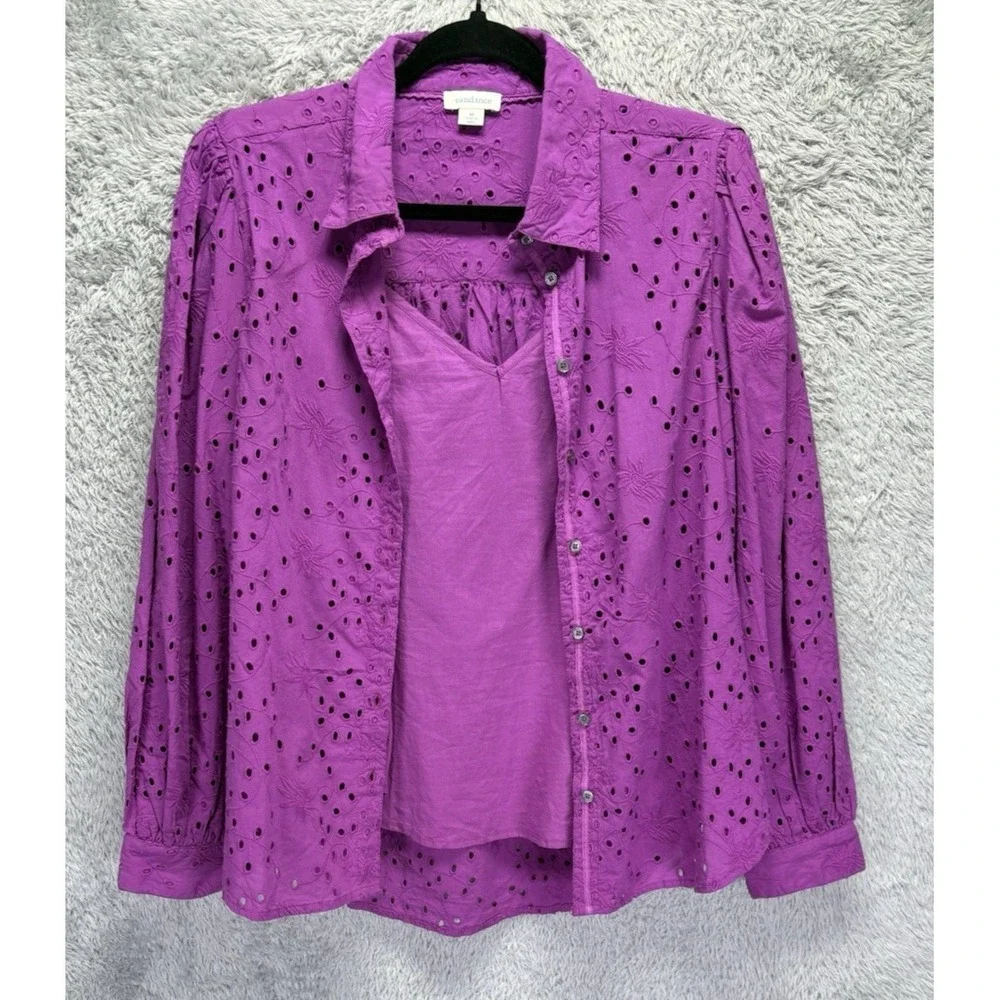 Sundance Purple Eyelet Floral Embroidery Puff Sleeve Button Down Shirt Camisole - Picture 3 of 15